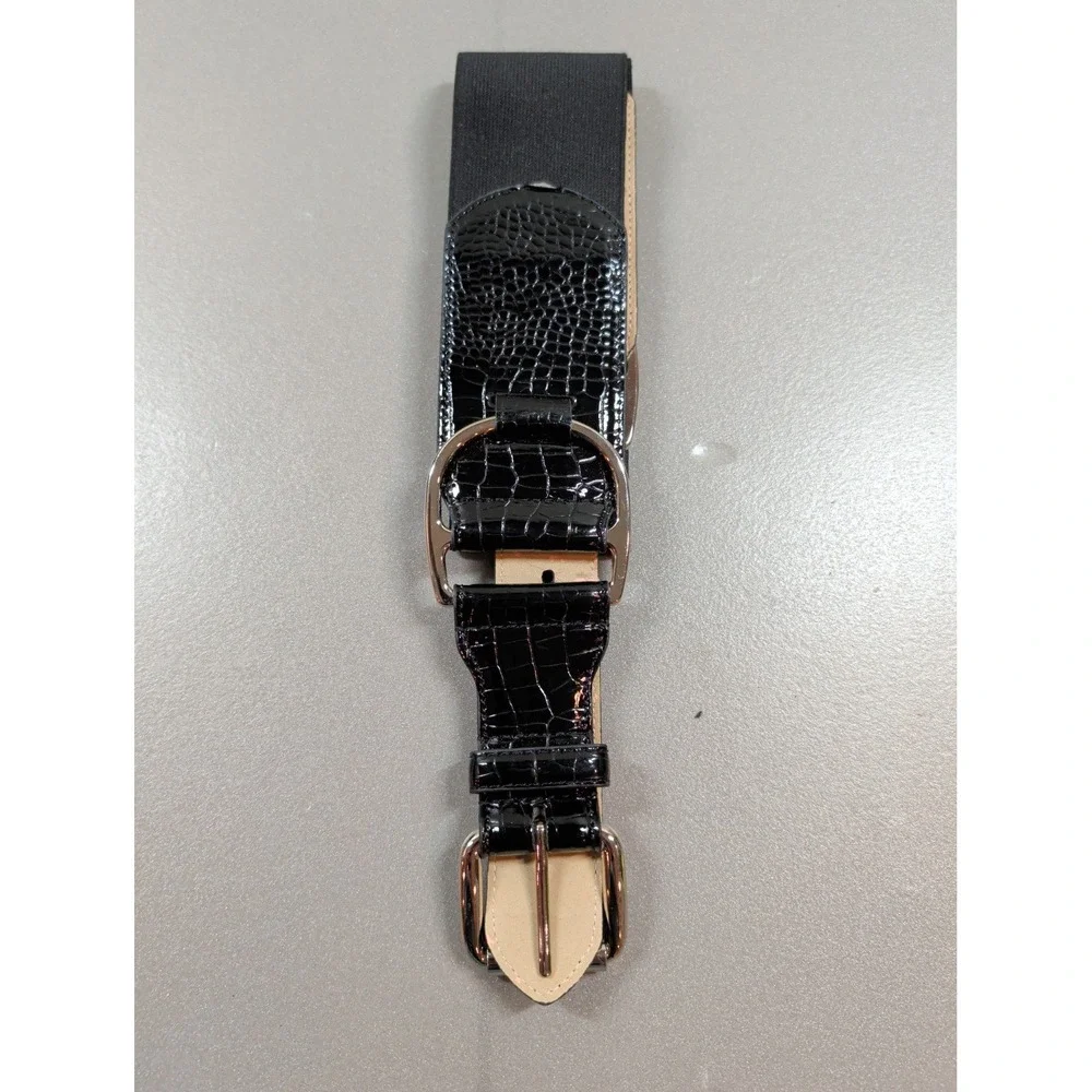 Black Croc Embossed Wide Elastic Waist Belt Silver Buckle BE1071‎ ML